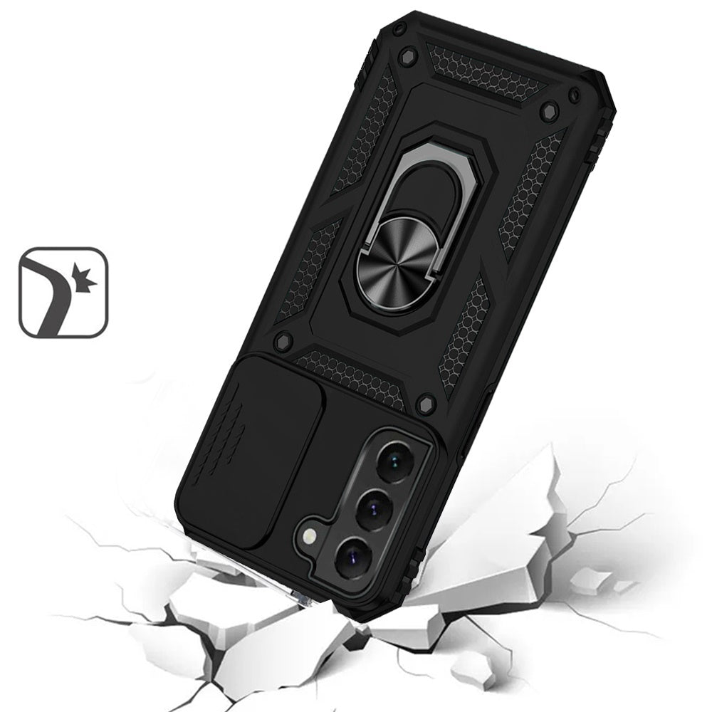 For Samsung Galaxy S21 Shockproof Edge Bumper with Stand, Camera Lens Protection & 360° Rotate Ring Kickstand Case Cover