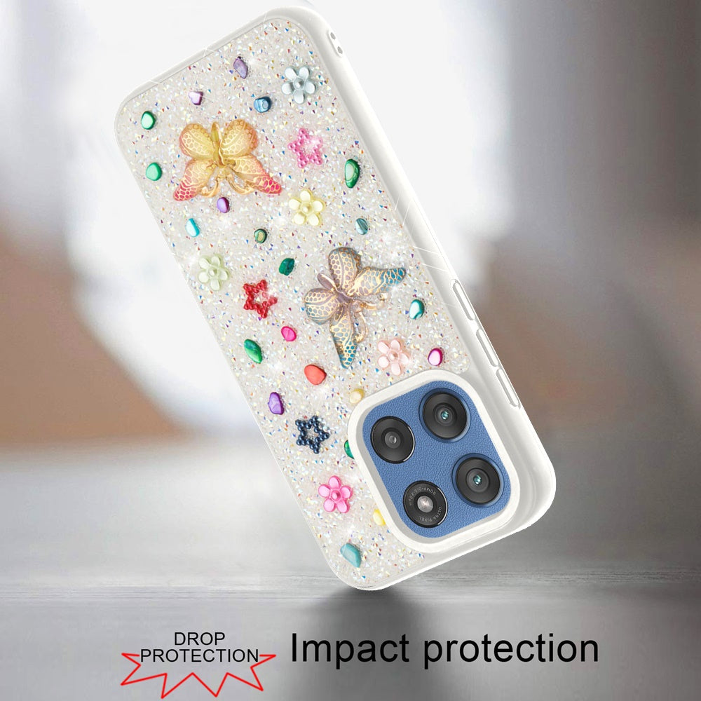 For Motorola Moto G 5G 2025 Diamond Butterfly 3D Glitter Bling Design, Slim Hybrid Sparkle Protective Cover TPU for Women Girls Case Cover White
