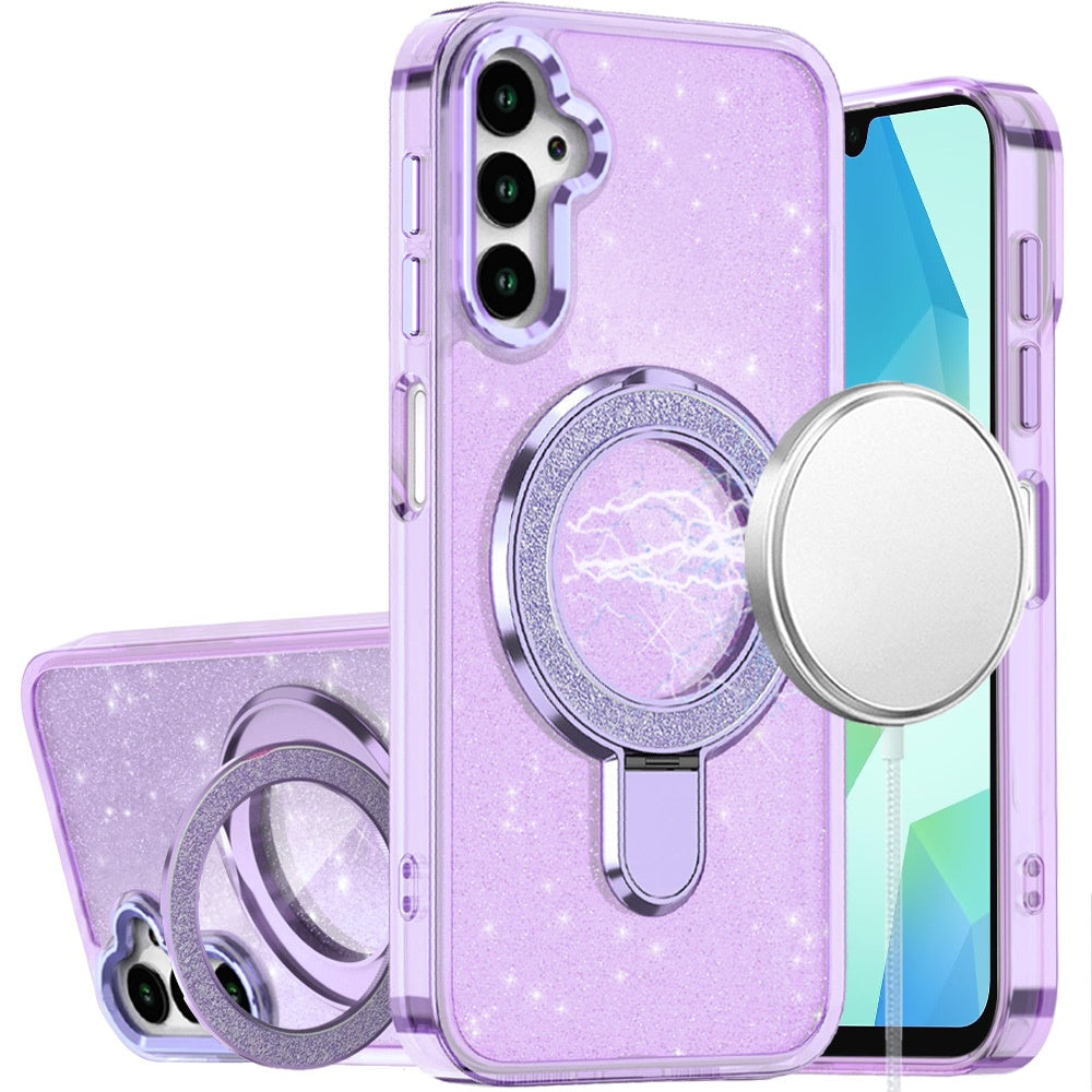 For Samsung Galaxy A16 5G Transparent Glitter Bling Case with Rotating Magnetic Ring Stand, Shockproof Hybrid Case Cover