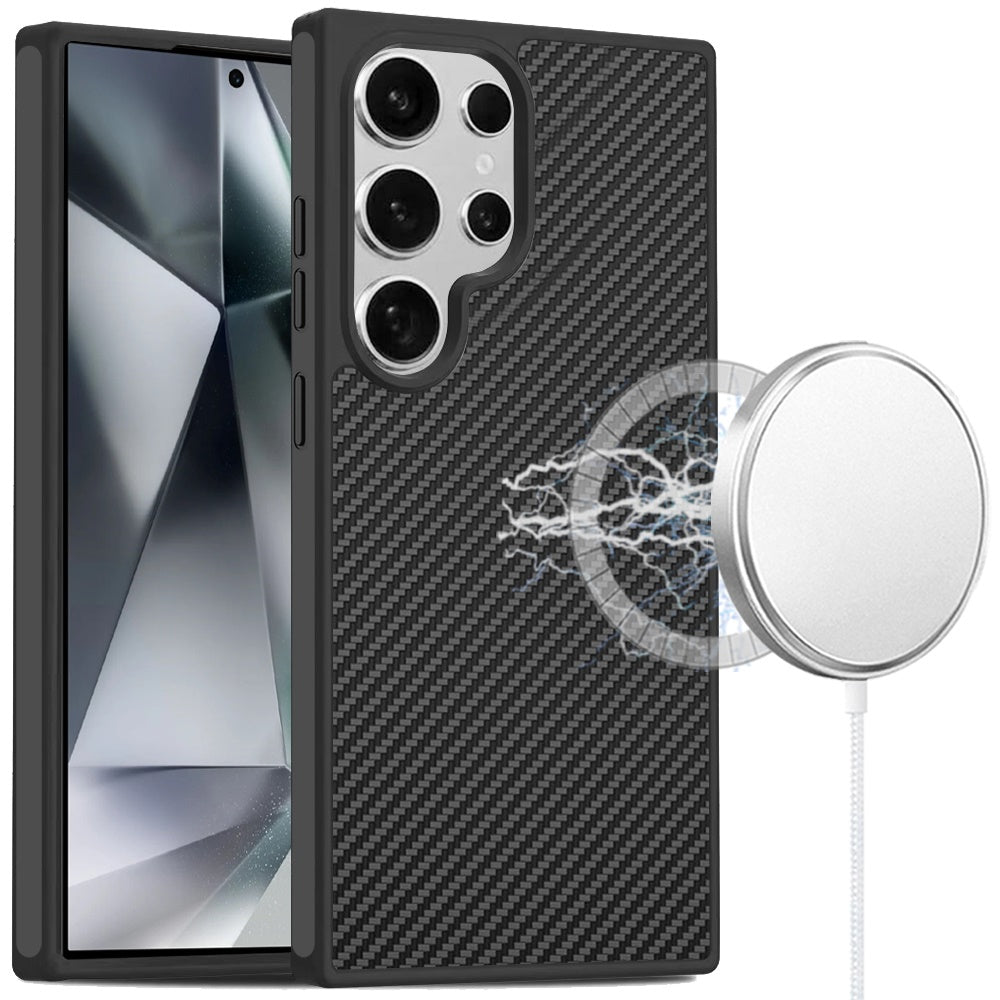 For Samsung Galaxy S24 Ultra Carbon Fiber Design with Magnetic HQ 2.0mm Thick Hybrid Shockproof Rubber Hard PC Case Cover Black