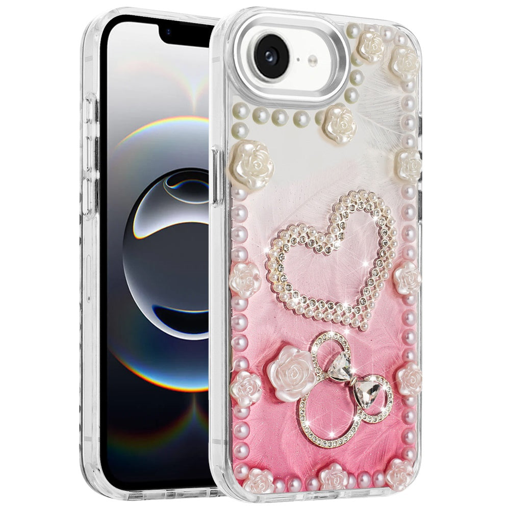 For Apple iPhone 16e Bling Fashion Design with 3D Pearls Epoxy Glitter Ornaments Chrome Edge Hard Slim PC Case Cover