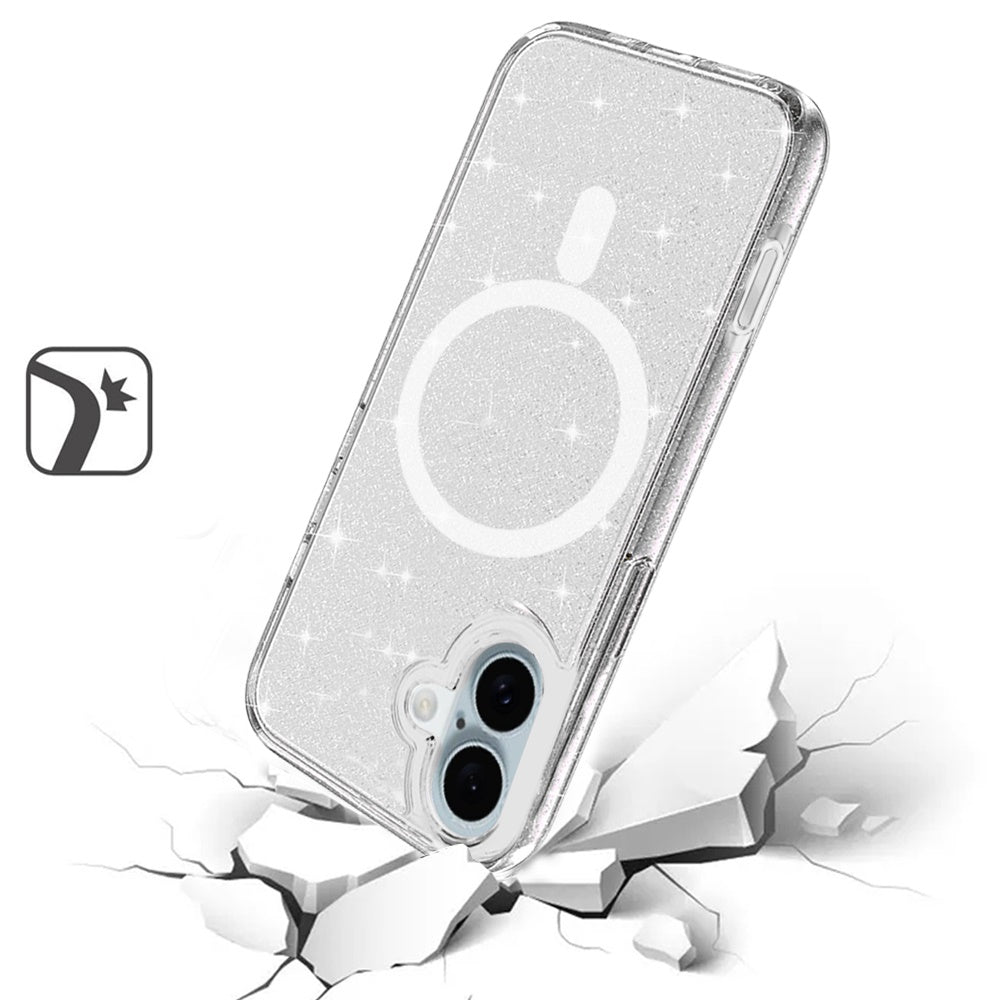 For Apple iPhone 16 (6.1") MagSafe Compatible Glitter Shiny Sparkle Bling TPU Rubber Hard PC Back Hybrid Frame Case Cover