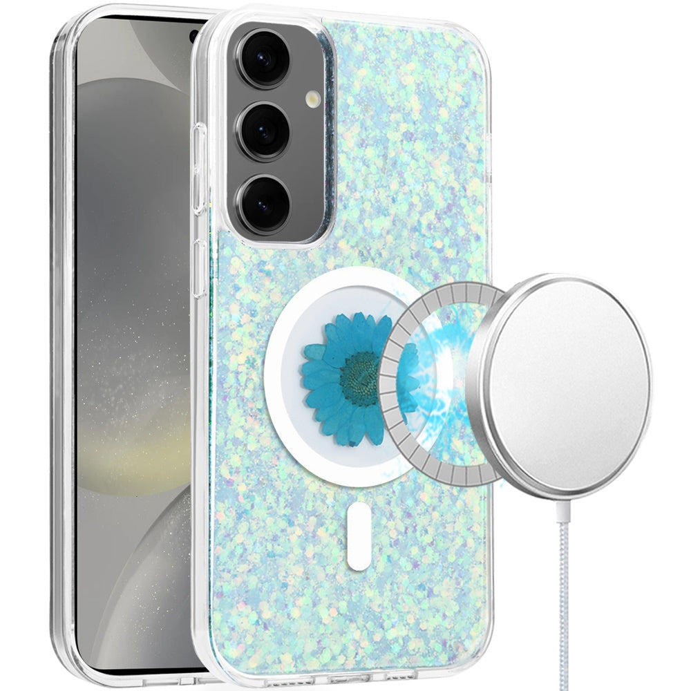 For Samsung Galaxy S25+ /S25 Plus /S24+ Plus MagSafe Compatible Glitter Flower Epoxy Hybrid Slim TPU Case, Magnetic Circle Design, Sparkly Bling Protective Case Cover