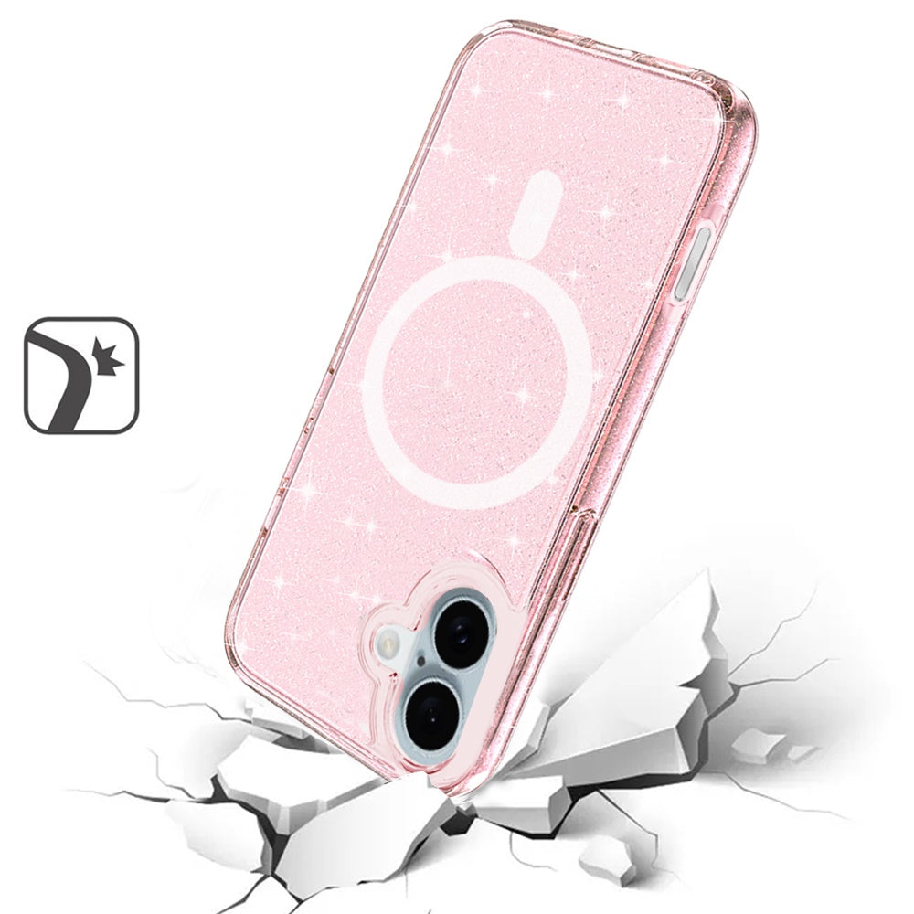 For Apple iPhone 16 (6.1") MagSafe Compatible Glitter Shiny Sparkle Bling TPU Rubber Hard PC Back Hybrid Frame Case Cover
