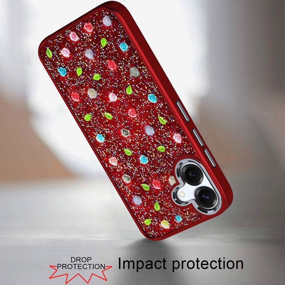 For Samsung Galaxy A06 Floral Design Embedded Glass Diamond Fancy Fashion Glitter Bling Sparkly Hybrid Rugged TPU Bumper Case Cover