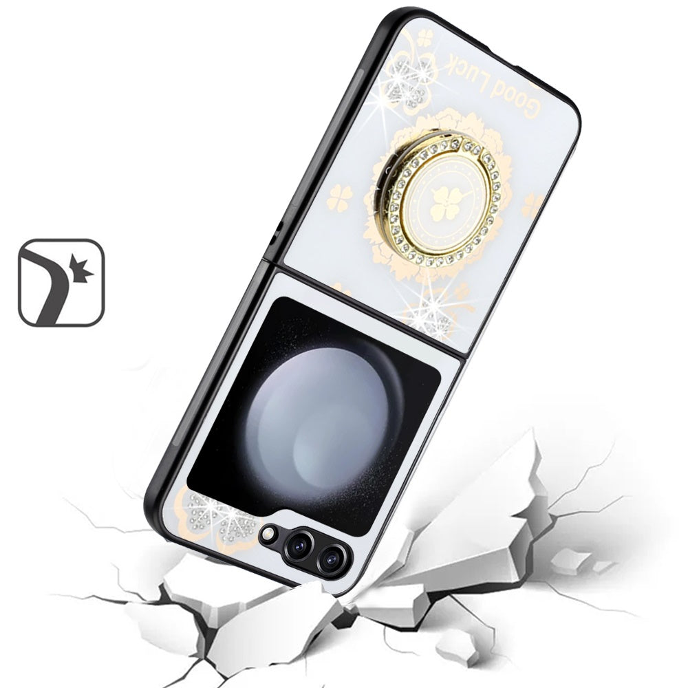 For Samsung Galaxy Z Fold 7 Diamonds 3D Fashion Floral Bling Sparkly Glitter Ornaments Engraving Hybrid with Ring Stand Case Cover White Good Luck Floral
