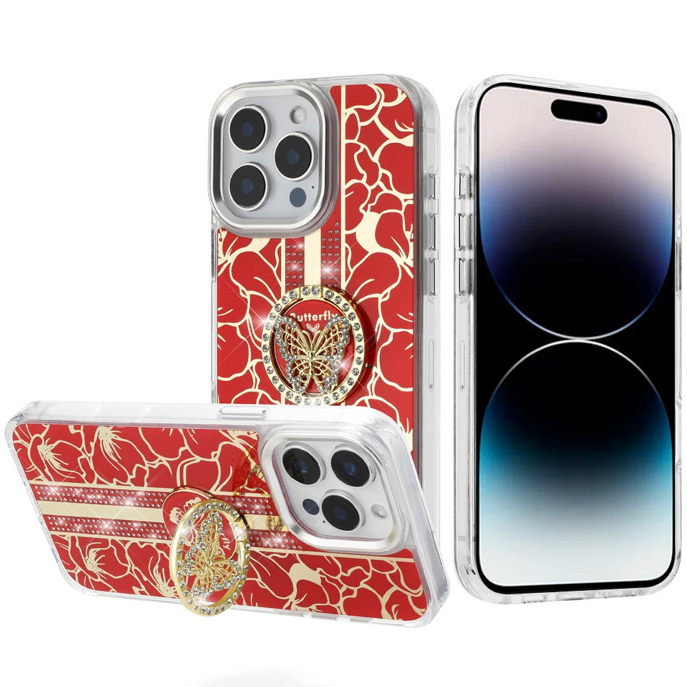 For Samsung Galaxy A16 5G Diamonds 3D Butterfly Floral Design Bling Sparkly Glitter Hybrid Metal Fashion with Ring Stand Case Cover