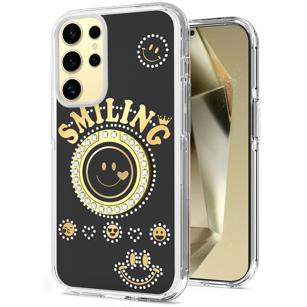 For Samsung Galaxy A16 5G Smiling Glitter Ornament Bling Sparkle with Ring Stand Hybrid Slim TPU + Hard Back Shell Case Cover