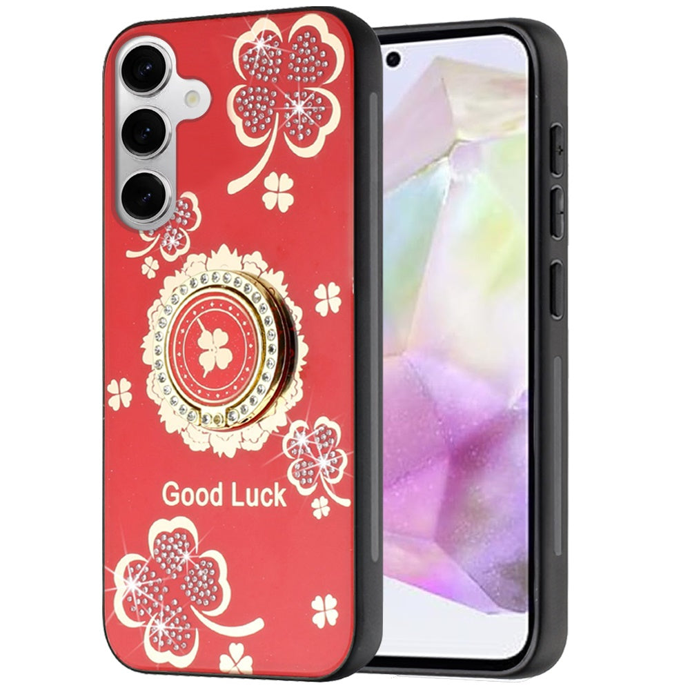 For Samsung Galaxy Z Fold 7 Diamonds 3D Fashion Floral Bling Sparkly Glitter Ornaments Engraving Hybrid with Ring Stand Case Cover Red Good Luck Floral