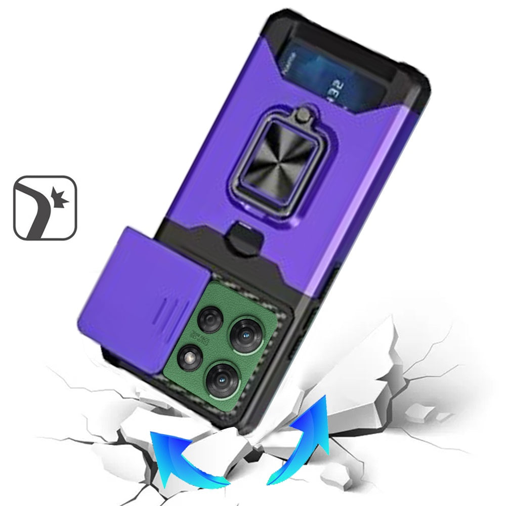 For Motorola Moto G 5G /Moto G 2025 Wallet Case with Ring Stand & Slide Camera Cover Back Credit Card Slot Holder, Military Grade Case Cover Purple