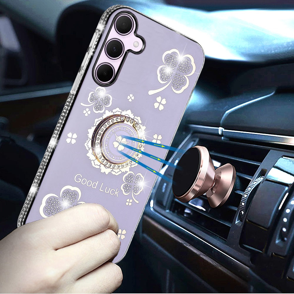 For Samsung Galaxy A26 Diamonds Bling All Around Edges Sparkly Glitter Hybrid with Ring Stand Holder Fashion Good Luck Case Cover