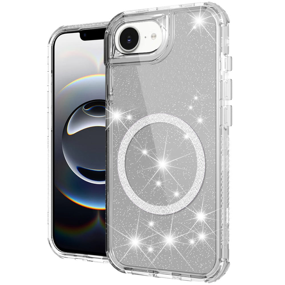 For Apple iPhone 16e Magnetic Circle Compatible with Magsafe, Bling Glitter Sparkle 3-in-1 Hybrid Shockproof TPU Bumper Case Cover