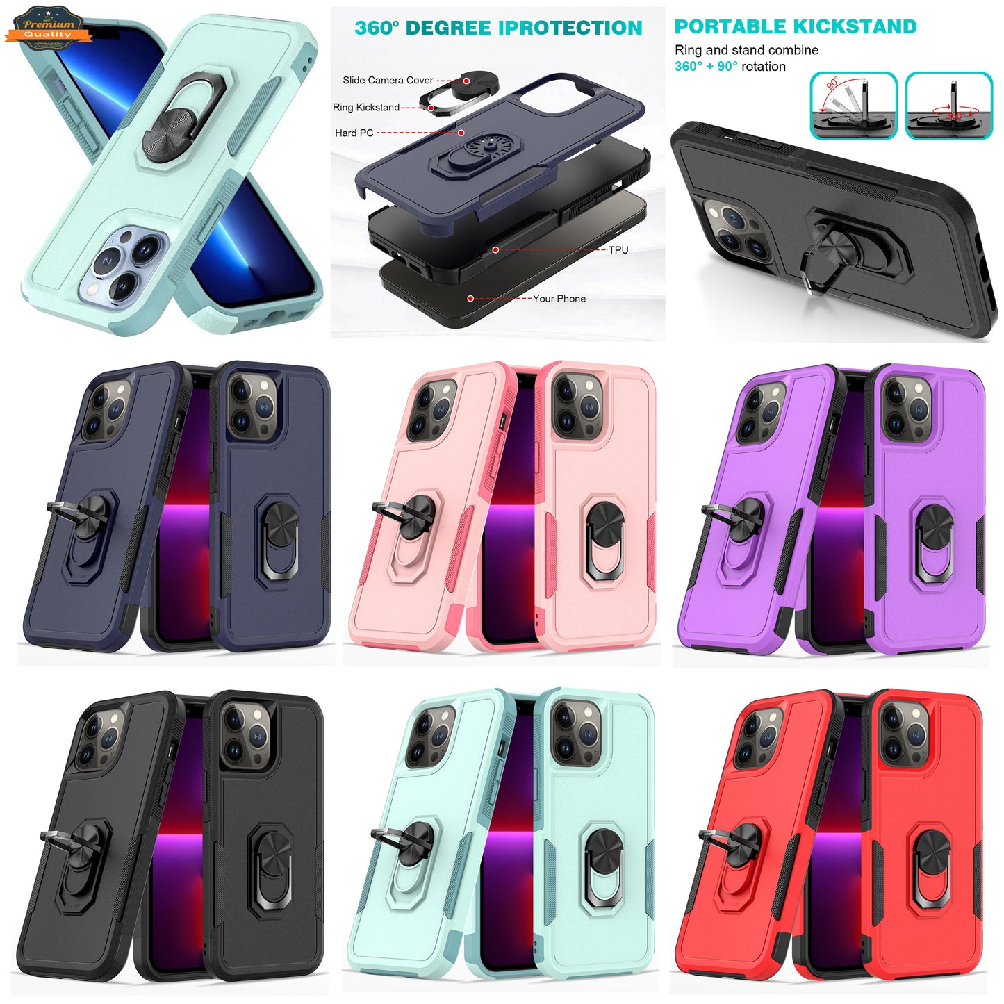 For Samsung Galaxy A16 5G Hybrid Rugged Tough 2in1 Drop-Proof Protection Military Grade Armor with Metal Ring Stand Case Cover