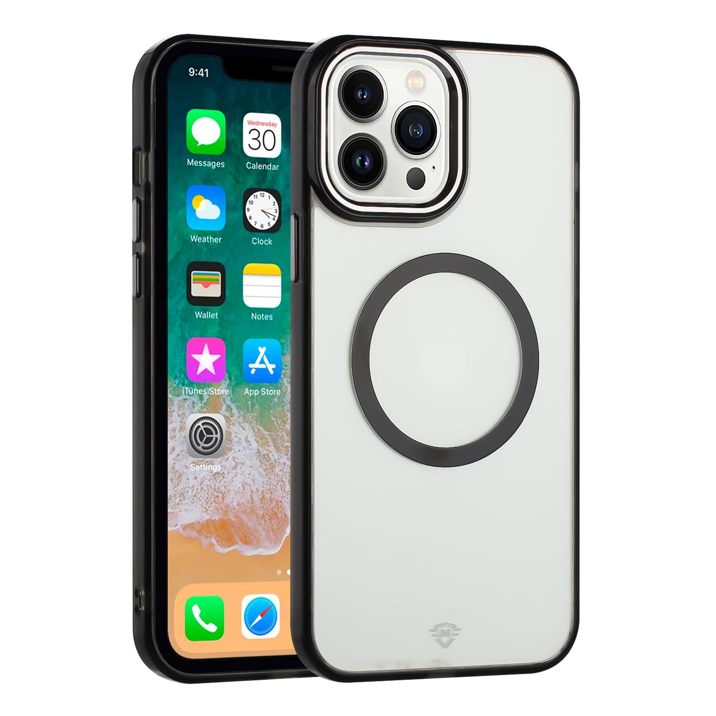 For Apple iPhone 13 Pro Transparent Back Hybrid Case - Magnetic Circle, Color Frame, Metal Buttons, MagSafe Compatible Case Cover Black
