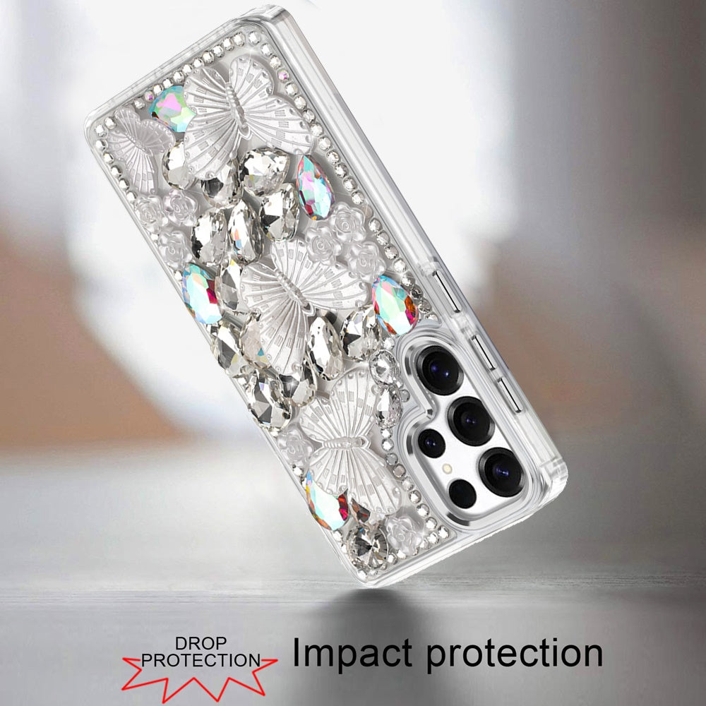 For Samsung Galaxy A16 3D Diamond Floral Butterfly Bling Stone Hybrid, Sparkly Rhinestone Gemstone Back Shockproof Case Cover