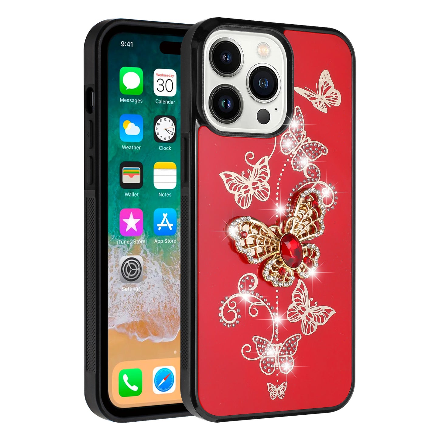 For Apple iPhone 16 Pro Max (6.9") Diamonds 3D Bling Sparkly Glitter Ornaments Engraving Hybrid Fashion Ring Stand Case Cover
