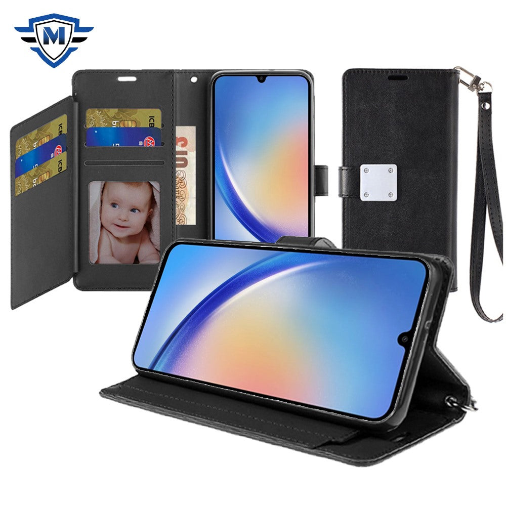 For Samsung Galaxy A16 5G Premium Leather Wallet with Credit Card ID Slots Cash Holder Duo Flip Pouch Stand and Strap Case Cover Black