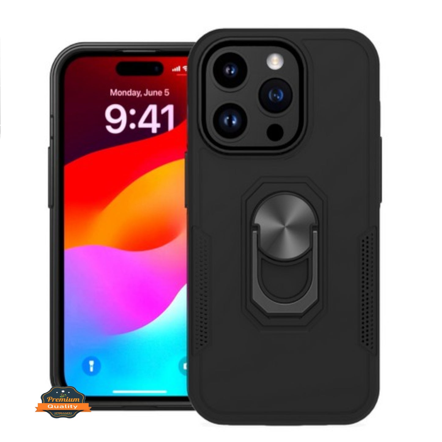 For Apple iPhone 15 Pro Max (6.7") Military Grade Armor Heavy Shockproof Hybrid Kickstand Built-in 360°Rotate Ring Phone Case Cover