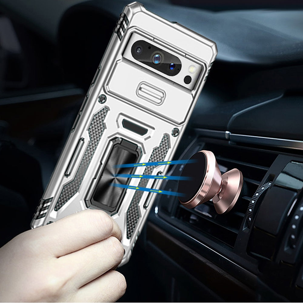 For Apple iPhone 16e Tough Hybrid Case with Movable Camera Window & Metal Ring Stand Shockproof Case Cover Silver