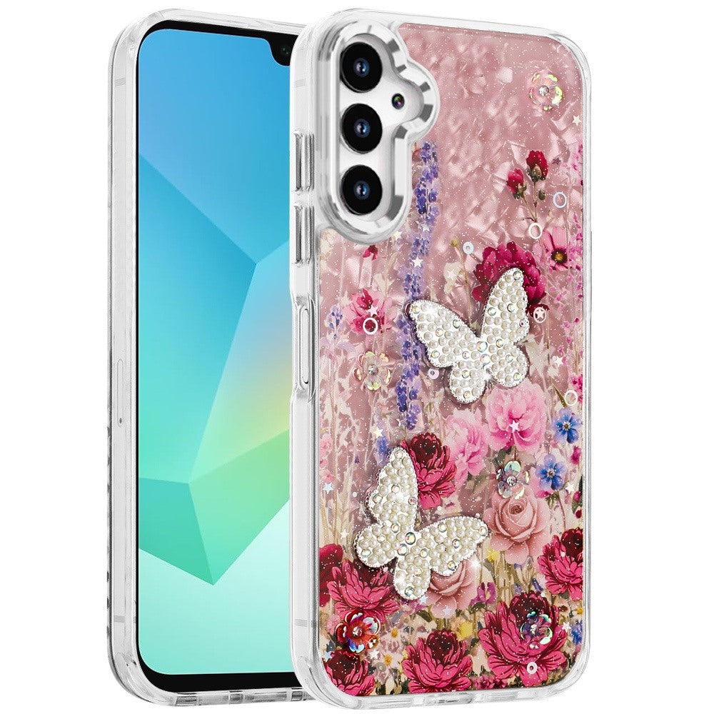 For Samsung Galaxy A36 Epoxy Glitter Flowers Bling 3D Butterfly Fashion TPU Hybrid with Shockproof Protection Case Cover