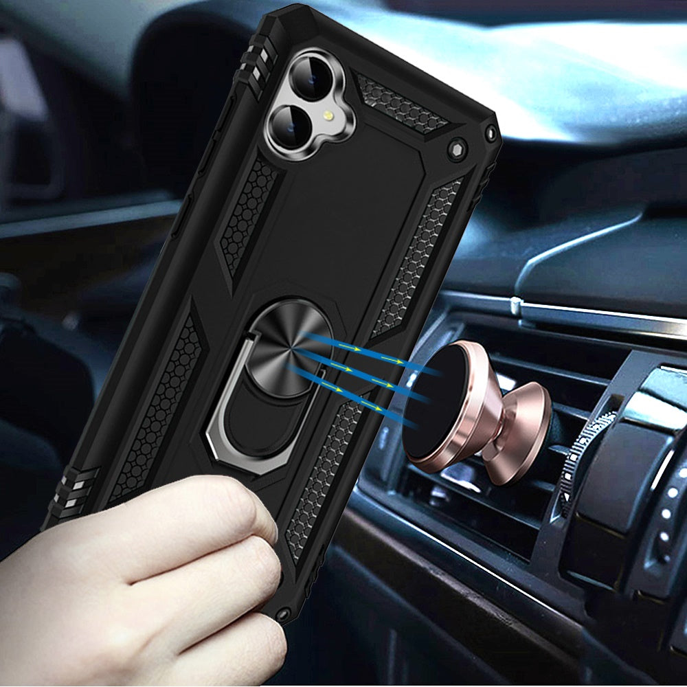 For Samsung Galaxy A06 Hybrid Combo Belt Clip Holster Ring Stand Holder, Military Grade Fit Magnetic Car Mount Shockproof Case Cover Black