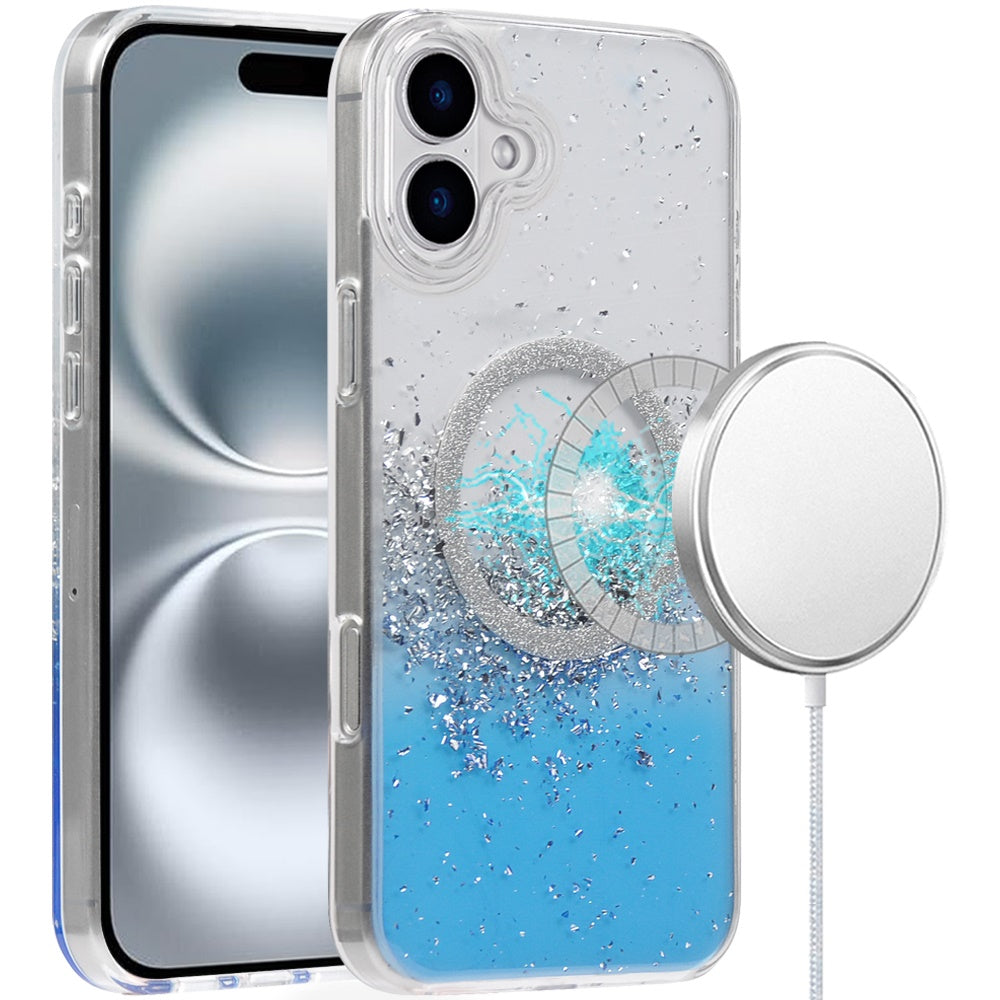 For Apple iPhone 16 (6.1") Premium Transparent Epoxy Glitter Bling Magnetic Circle Compatible with MagSafe Hybrid Sparkle Slim TPU Case Cover