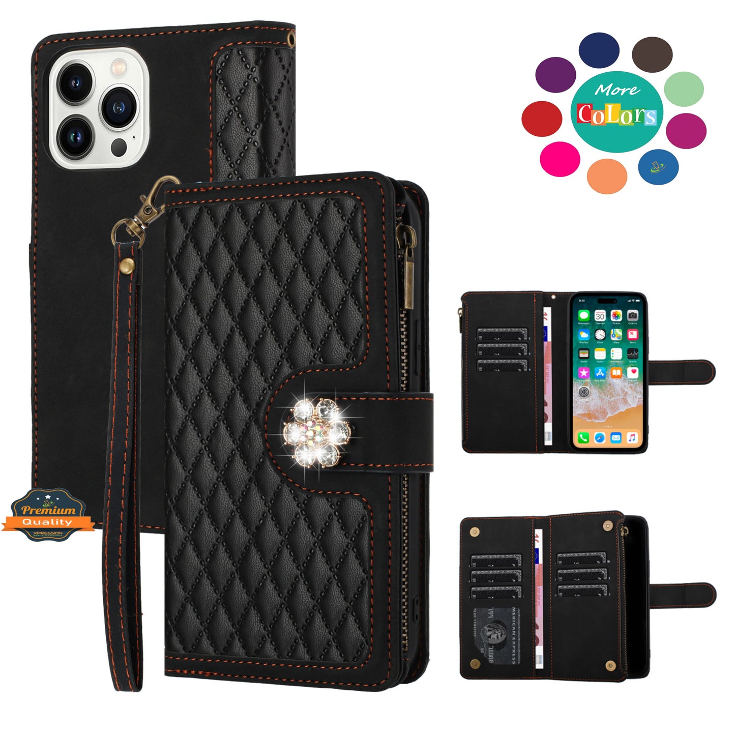 For Apple iPhone 16 Pro (6.3") PU Leather Wallet Design Jewel Bling with Credit Card Holder Flip Folio Pouch Zipper Purse Wrist Strap Case Cover
