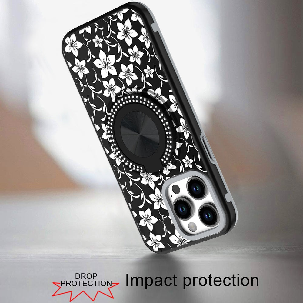 For Apple iPhone 16 (6.1") Pattern Design Hybrid with Invisible Ring Stand & Magnetic Back, Shockproof Protective Grip Case Cover
