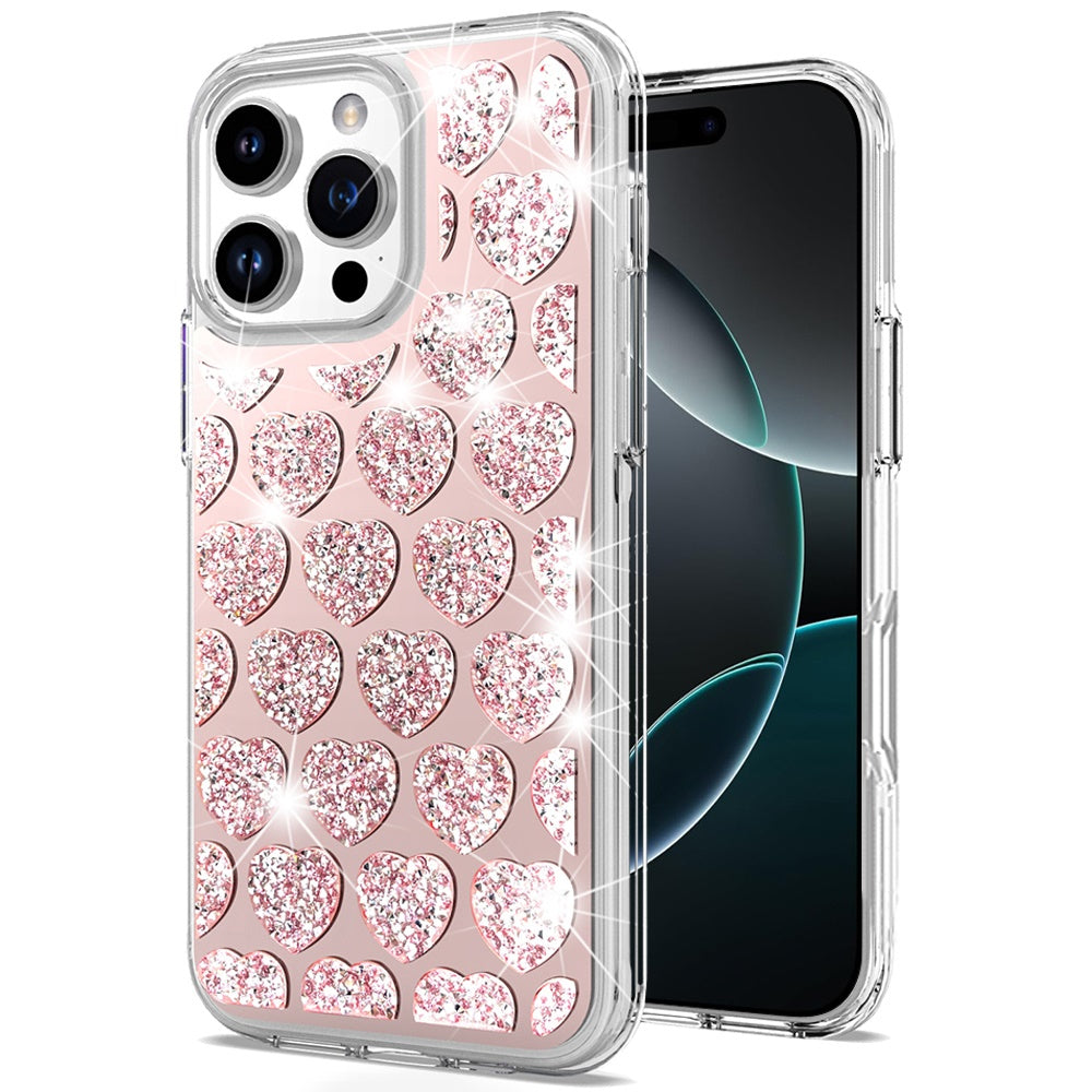 For Apple iPhone 16 Pro Max (6.9") Sparkly 3D Design Diamond Shockproof Protective Bling Rhinestone Hybrid Skin PC + TPU Case Cover