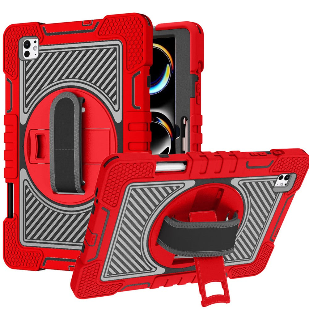 For Hybrid 3in1 Multi-Functional Shockproof Tablet Case with Hand, Shoulder Strap, Pencil & Stand Holder Red Black Tablet Case Cover