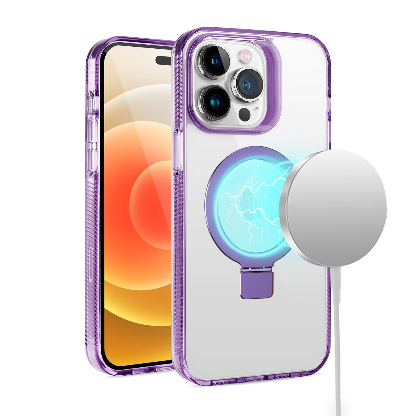 For Apple iPhone 16 Plus (6.7") Transparent HQ Magnetic Ring Circle Stand with MagSafe Compatible Hybrid Dotted Edged Case Cover