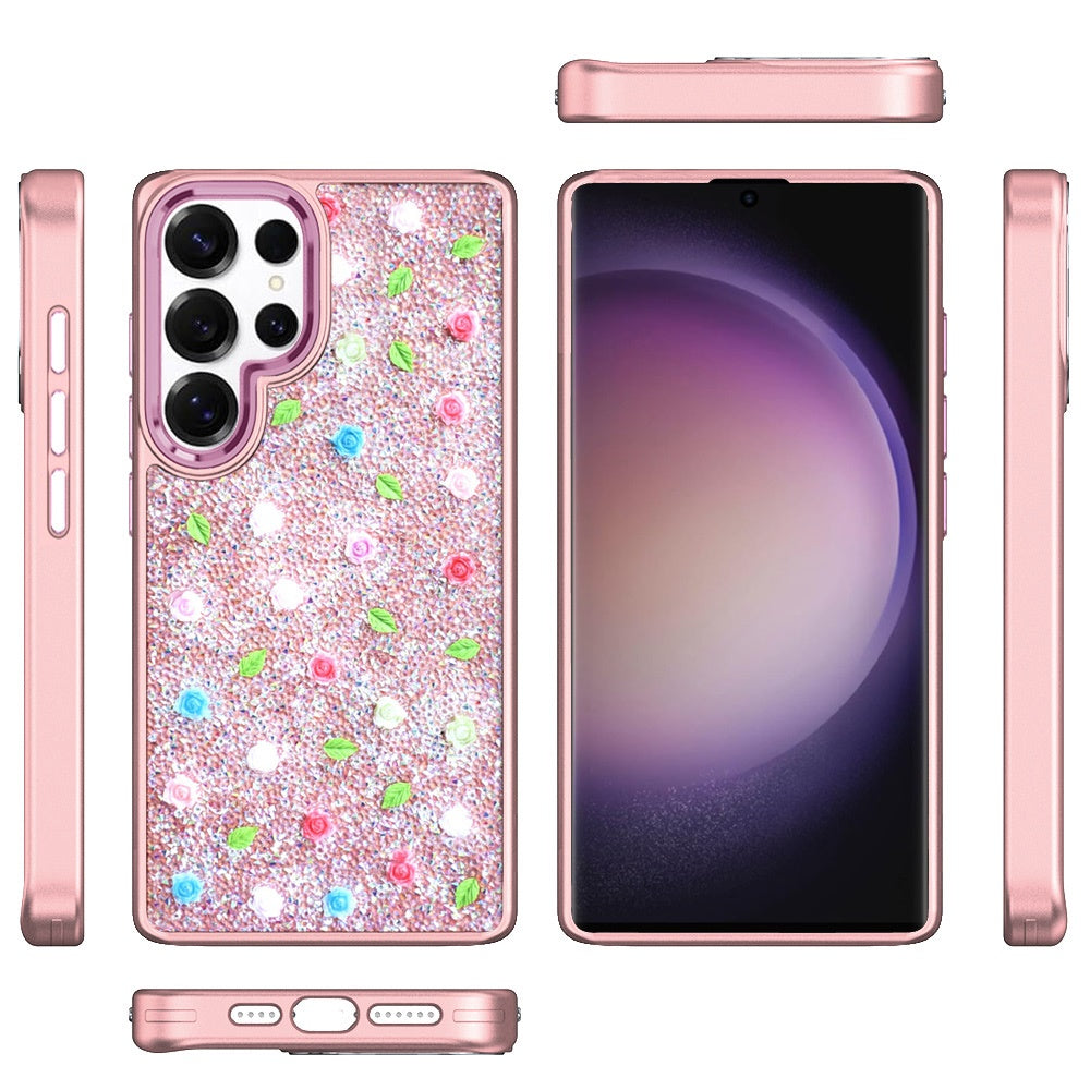 For Samsung Galaxy A06 Floral Design Embedded Glass Diamond Fancy Fashion Glitter Bling Sparkly Hybrid Rugged TPU Bumper Case Cover