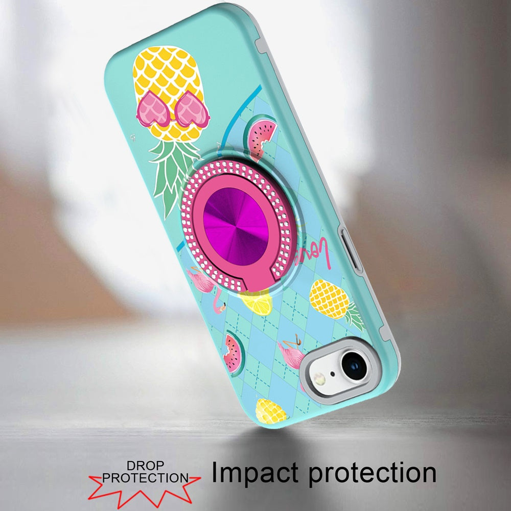 For Apple iPhone 16e Pattern Design Hybrid with Invisible Ring Stand & Magnetic Back, Shockproof Protective Grip Case Cover