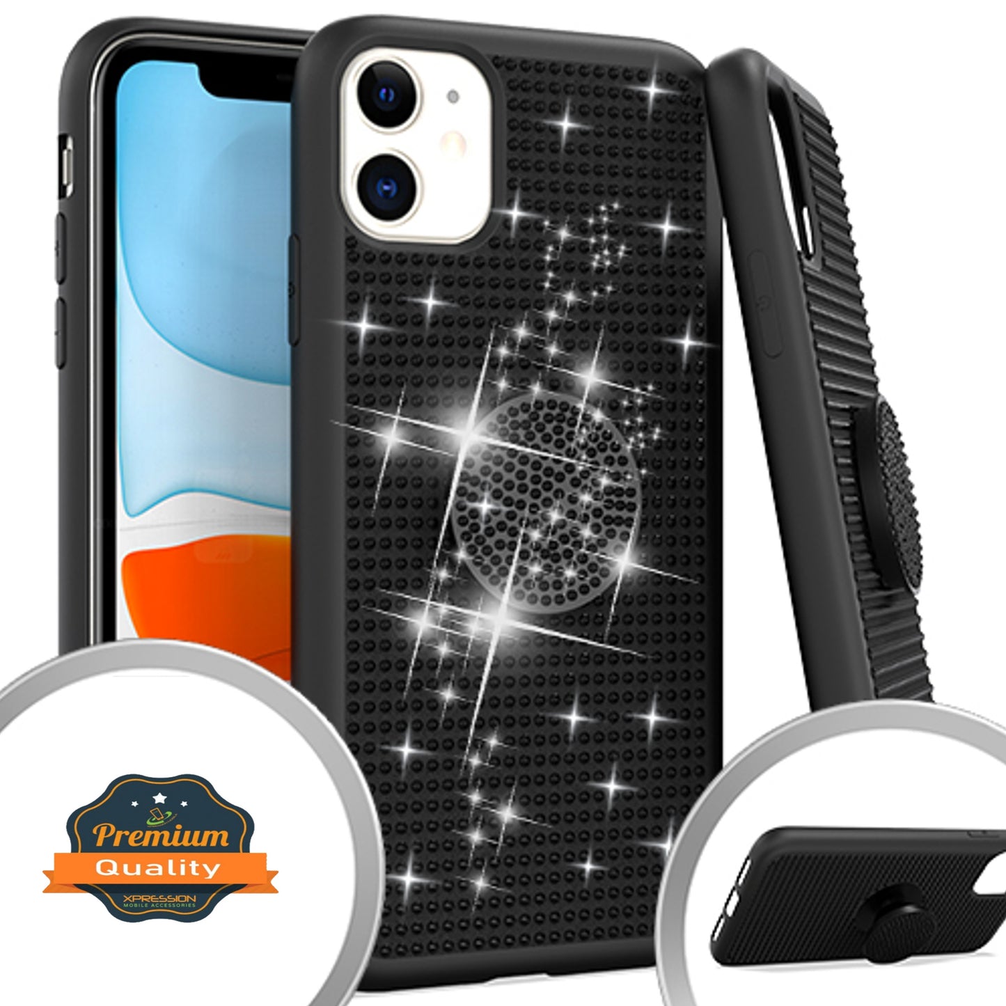 For Apple iPhone 15 Plus (6.7") Luxury Glitter Sparkle Bling Rugged Hybrid with Collapsible Stand Ring Holder Hard Shell Phone Case Cover
