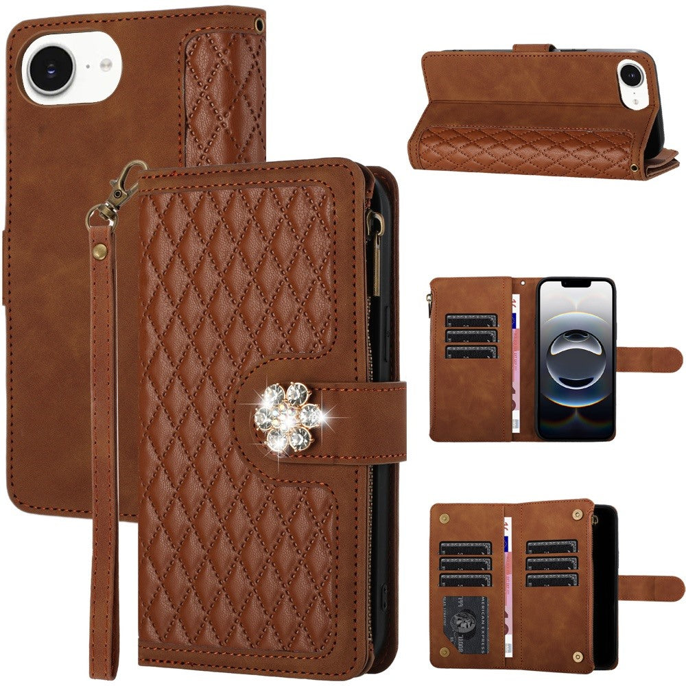 For Apple iPhone 16e (E edition) PU Leather Wallet Design Jewel Bling with Credit Card Holder Flip Folio Pouch Zipper Purse Wrist Strap Case Cover
