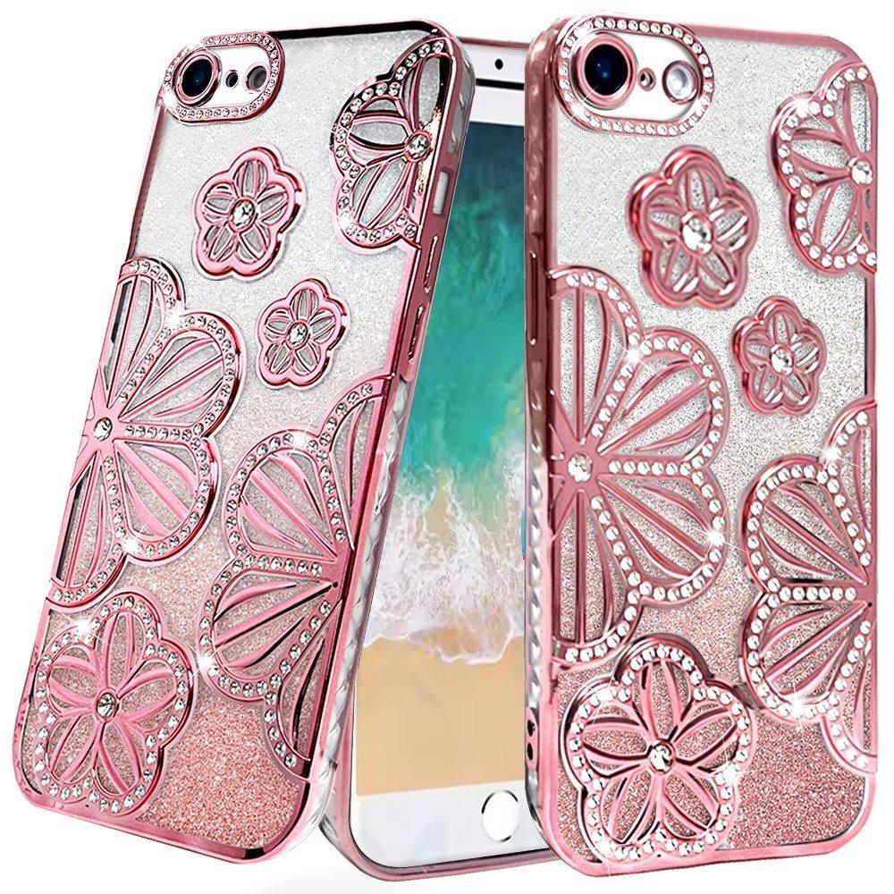 For Samsung Galaxy A16 Luxury Flower Design Sparkle Glitter Diamond Rhinestone Shimmer Bling Plating Thick TPU Hard PC Case Cover Flower Rose Gold
