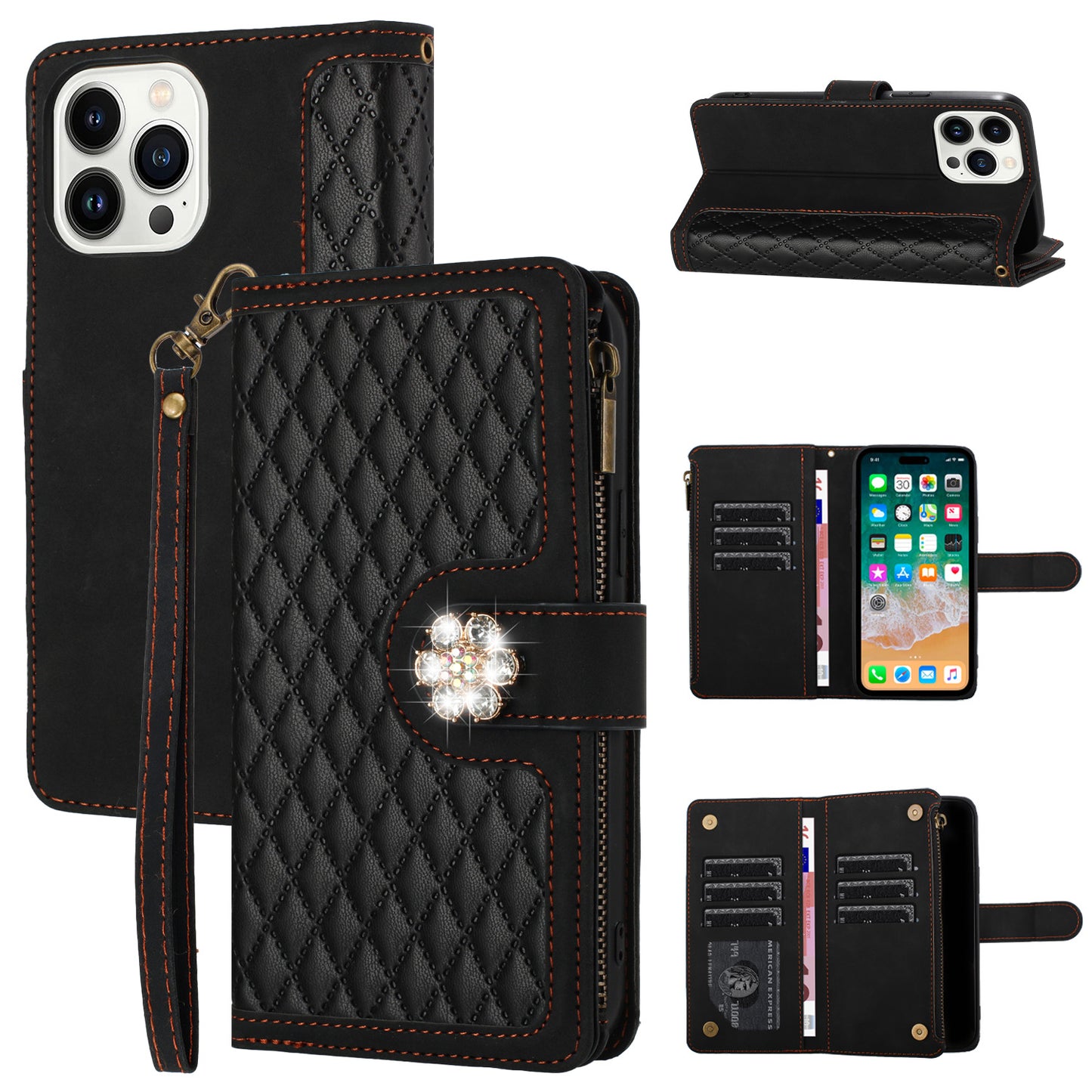 For Apple iPhone 16e (E edition) PU Leather Wallet Design Jewel Bling with Credit Card Holder Flip Folio Pouch Zipper Purse Wrist Strap Case Cover