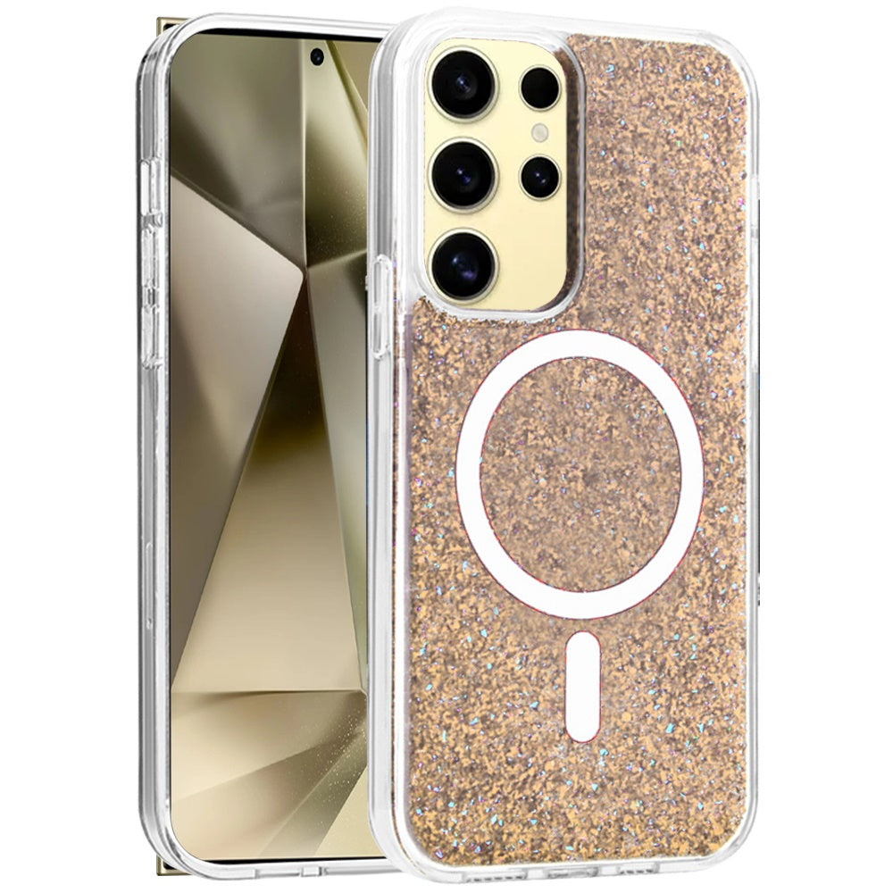 For Samsung Galaxy S25+ /S25 Plus /S24+ Plus Hybrid Epoxy Glitter Shiny Flower Design Stylish Fashion Case, Magnetic MagSafe Compatible, Shockproof Case Cover