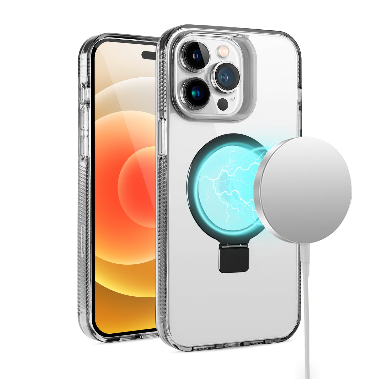 For Apple iPhone 16 Plus (6.7") Transparent HQ Magnetic Ring Circle Stand with MagSafe Compatible Hybrid Dotted Edged Case Cover