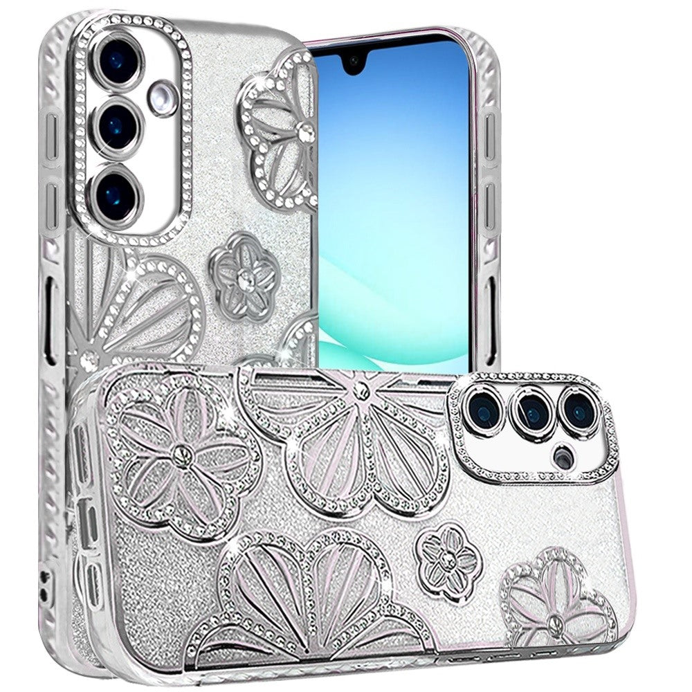 For Samsung Galaxy A17 5G Luxury Flower Design Sparkle Glitter Diamond Rhinestone Shimmer Bling Plating Thick TPU Hard PC Case Cover