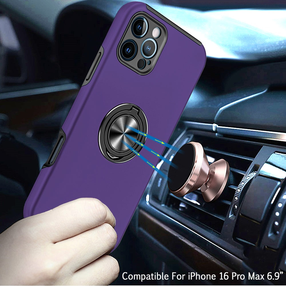 For Apple iPhone 16 (6.1") Hybrid Slim Kickstand with Metal Invisible Ring Stand Holder Fit Magnetic Car Mount Shockproof Case Cover