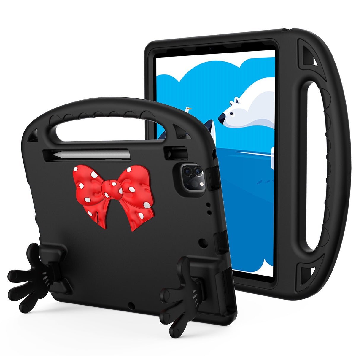 For Hybrid Shockproof Tablet with Bow Hands Kickstand Antislip Rubber TPU Kid-Friendly Drop Protection Black Tablet Case Cover