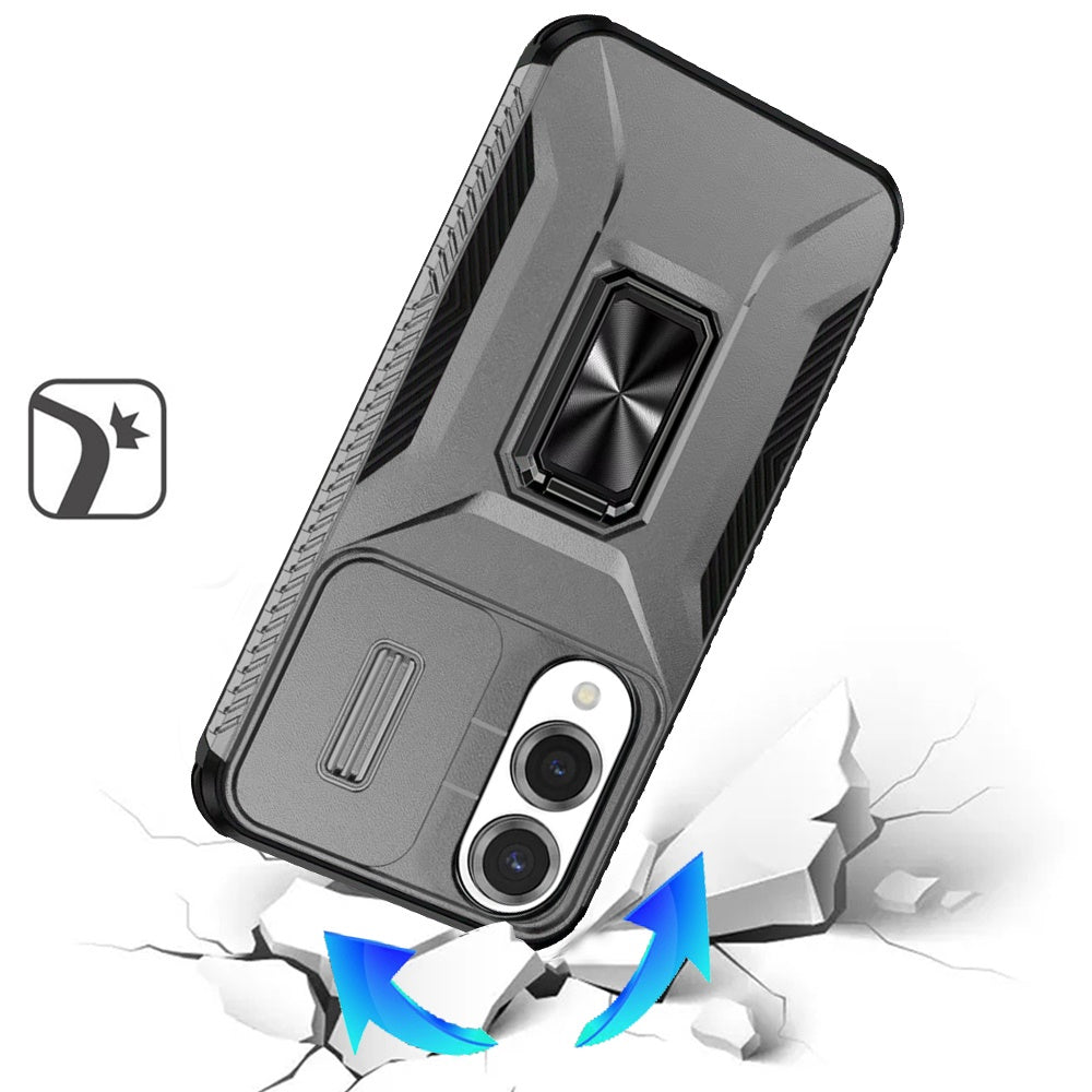 For Samsung Galaxy S25 EDGE Case, Camera Cover with Magnetic Rotation Ring Stand, Military Grade Hybrid Hard TPU Shockproof Case Cover Gray
