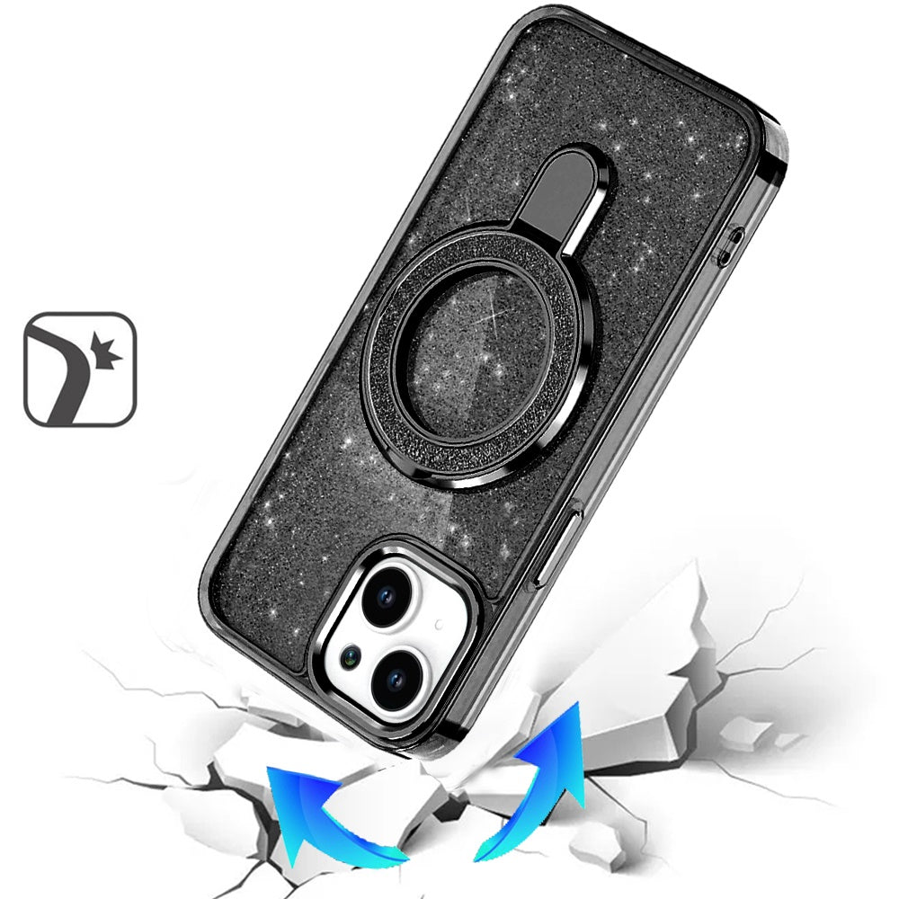 For Apple iPhone 15 Transparent Glitter Bling Case with Rotating Magnetic Ring Stand, Shockproof Hybrid Case Cover