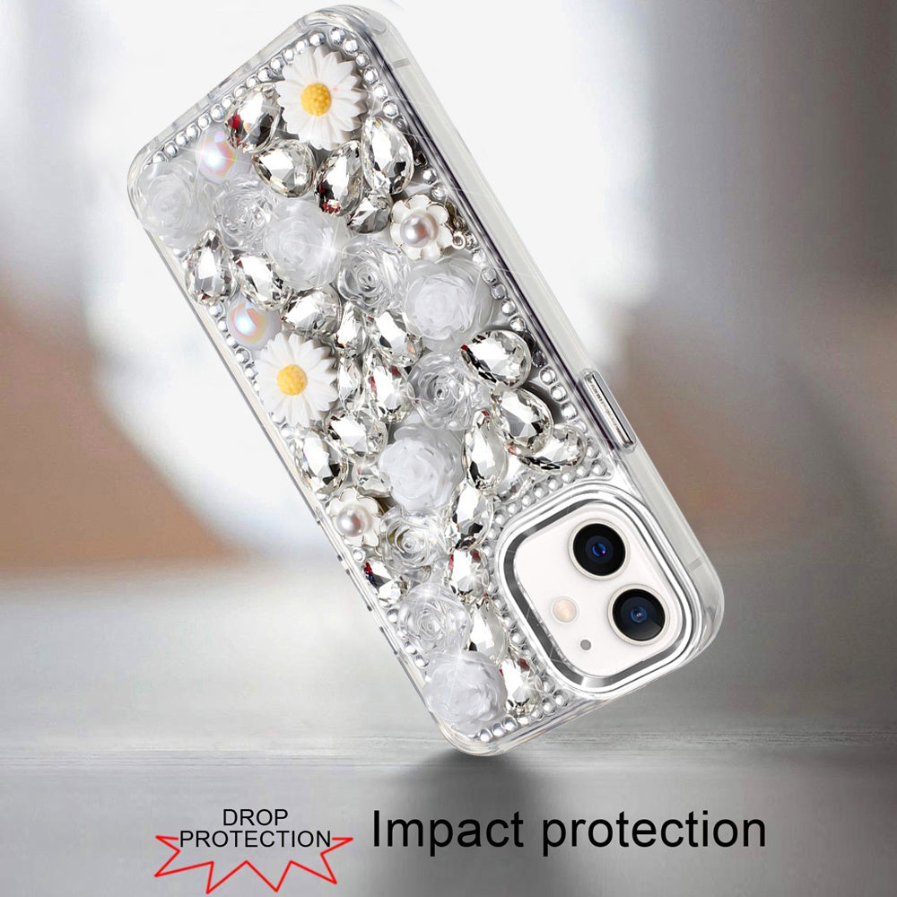 For Samsung Galaxy A16 5G Fashion Daisy Floral Series, Full 3D Bling Crystal Diamonds Sparkling Rhinestone Glitter Hybrid Design Case Cover