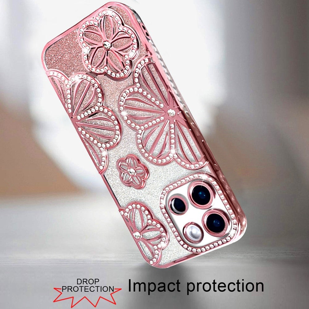 For Samsung Galaxy A16 Luxury Flower Design Sparkle Glitter Diamond Rhinestone Shimmer Bling Plating Thick TPU Hard PC Case Cover Flower Rose Gold
