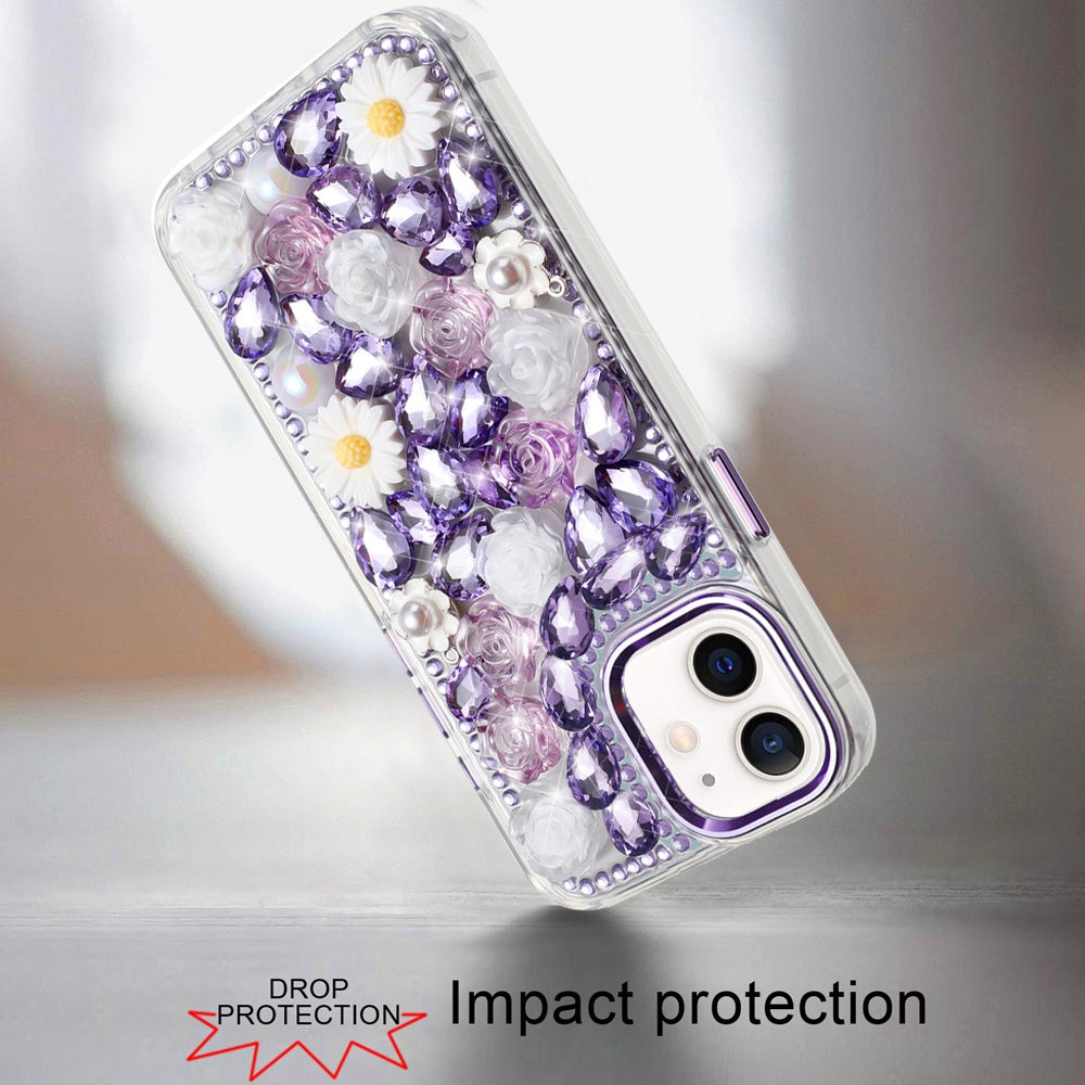 For Apple iPhone 16 Pro (6.3") Fashion Daisy Floral Series, Full 3D Bling Crystal Diamonds Sparkling Rhinestone Glitter Hybrid Design Case Cover Purple