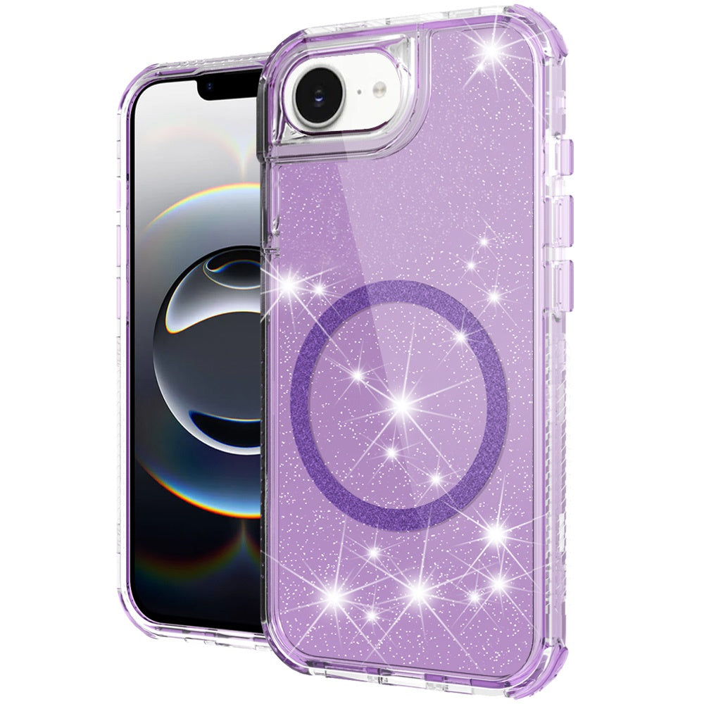For Apple iPhone 16e Magnetic Circle Compatible with Magsafe, Bling Glitter Sparkle 3-in-1 Hybrid Shockproof TPU Bumper Case Cover