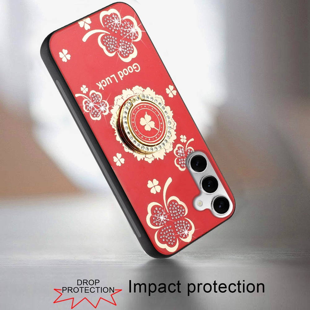 For Samsung Galaxy Z Fold 7 Diamonds 3D Fashion Floral Bling Sparkly Glitter Ornaments Engraving Hybrid with Ring Stand Case Cover Red Good Luck Floral