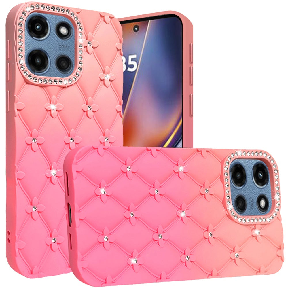 For Motorola Edge 2025 Fashion Flower Design Sparkle Glitter Shimmer Rhinestone Bling Floral Accents, Leather Texture TPU Case Cover